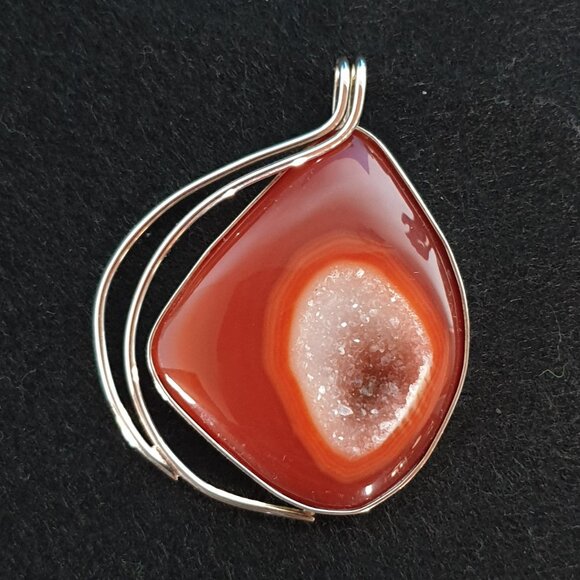 One-of-a-Kind Vintage Natural Banded Red Druzy Agate Sterling Silver Pendant - Picture 8 of 12